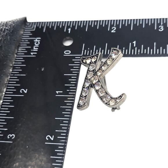 Rhinestone Letter K Initial Brooch Pin Silver Tone Clear Crystal Monogram Gift - Picture 4 of 5